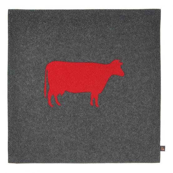 Filz Kissen Kuh, Grau/Rot, 40 x 40 cm 