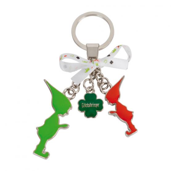 Schlüsselanhänger 2 Wichtel/Kleeblatt, Rot/Grün/Silber 